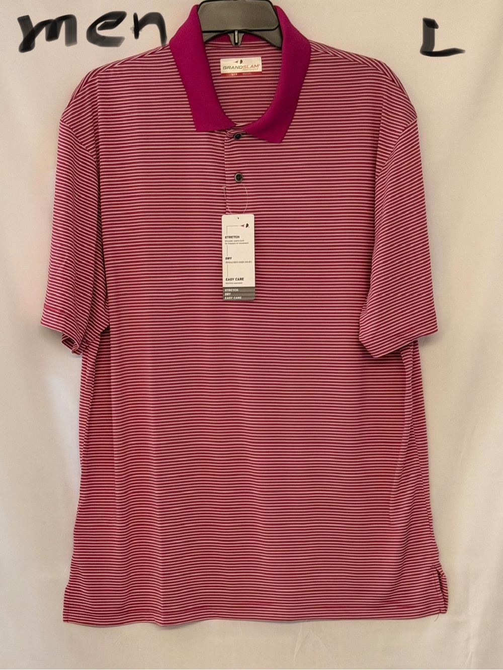Grand Slam Men's Red and White Striped Polo with Solid Magenta Collar